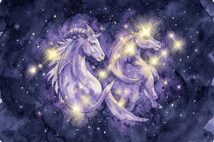 Dois signos do zodíaco, Sagitário (centauro) e Capricórnio (cabra montanha), se entrelaçando simbolicamente em um fundo cósmico.