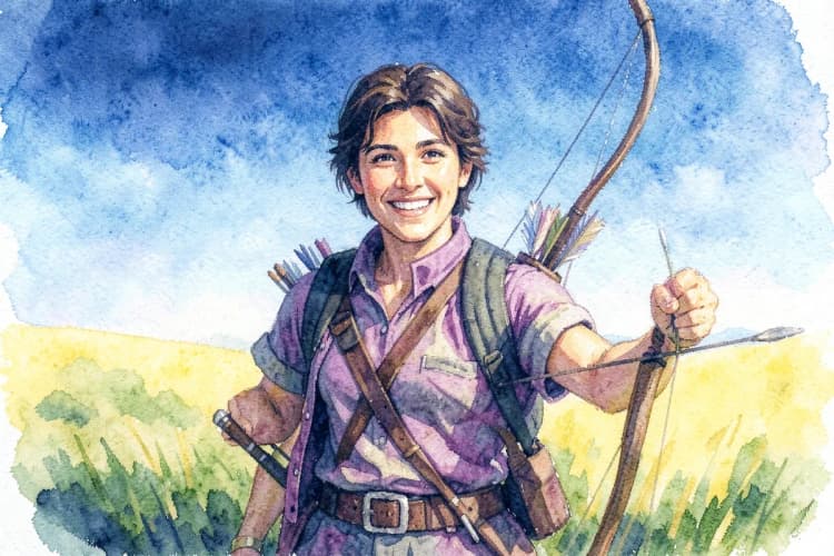Um arqueiro sorridente com um arco e flechas, vestindo roupas de viagem, em um campo aberto sob um céu azul.