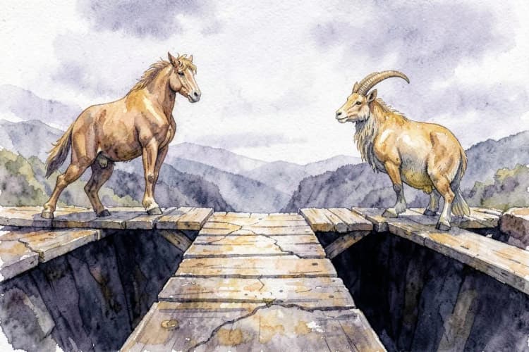 Um centauro arqueiro e uma cabra montanha em lados opostos de uma ponte estreita sobre um abismo, com expressões de cautela.