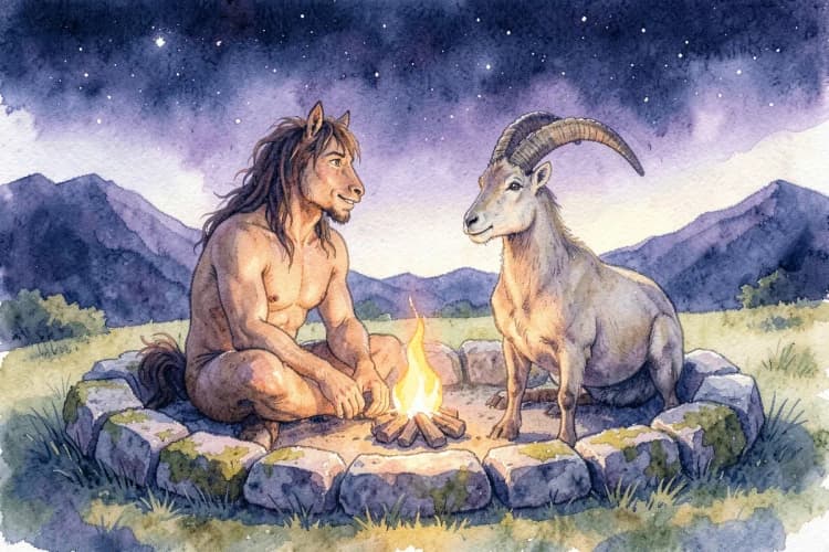 Um centauro arqueiro e uma cabra montanha sentados juntos em um círculo de pedras, conversando amigavelmente.