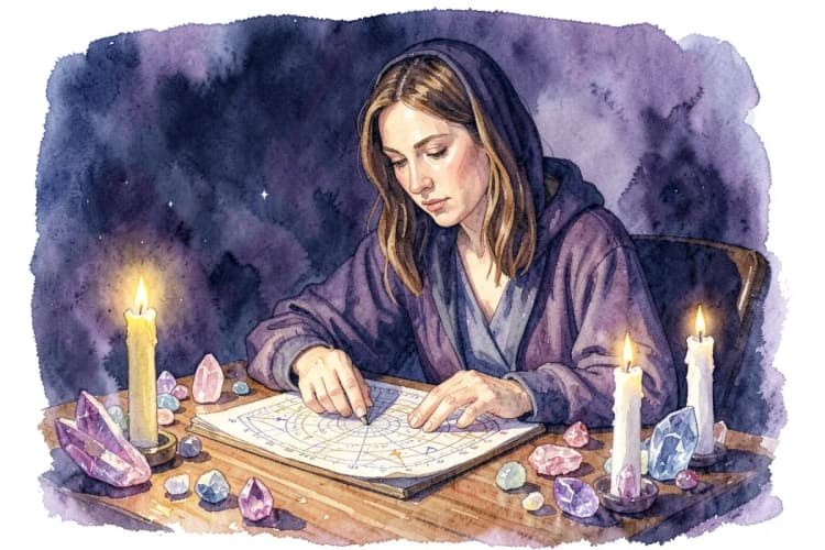 Uma astróloga experiente, Clarissa Cavalcanti, consultando um mapa astral em uma mesa com cristais e velas.