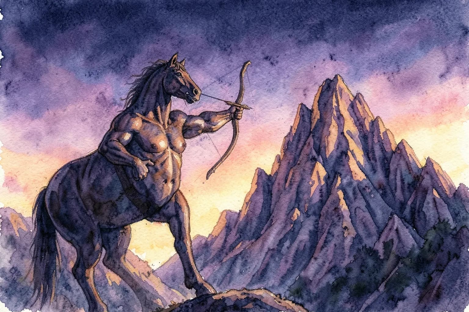 Um centauro arqueiro disparando uma flecha em direção a uma montanha rochosa ao pôr do sol.