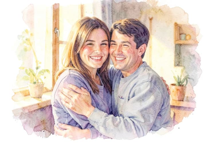 Um casal sorrindo e abraçado em um ambiente aconchegante, com a luz do sol entrando pela janela.