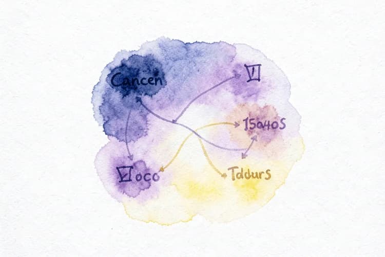 Um gráfico simples mostrando pares de signos do zodíaco que combinam, como Câncer e Touro, com linhas conectando-os.