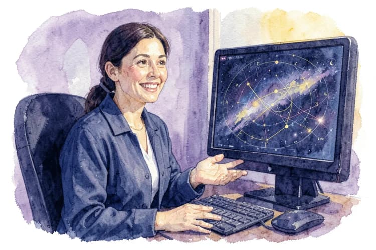 Uma astróloga sorridente gesticulando em frente a um mapa astral em um computador.