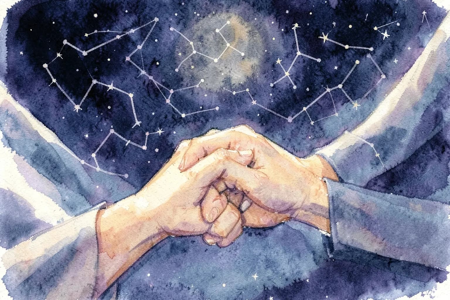 Um casal de mãos dadas, com um fundo de céu estrelado e constelações representando os signos do zodíaco.