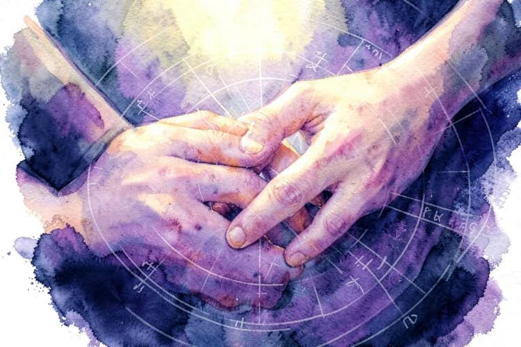 Duas mãos se tocando suavemente, com um mapa astral estilizado em tons pastel sobreposto, mostrando linhas e símbolos astrológicos.