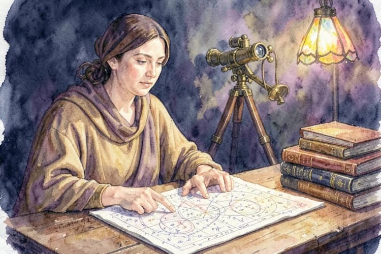 Uma astróloga experiente apontando para um mapa astral complexo em uma mesa, com um telescópio e livros antigos ao fundo.
