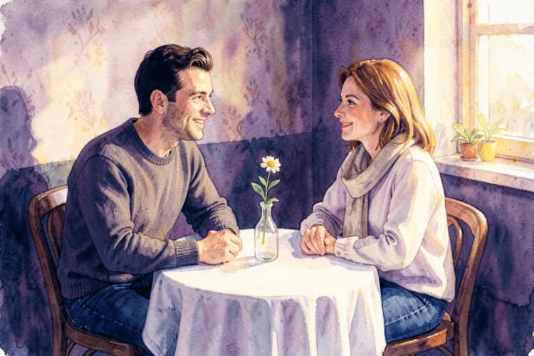 Um homem e uma mulher sentados em lados opostos de uma mesa, olhando um para o outro com sorrisos gentis, com um fundo desfocado de um café aconchegante.