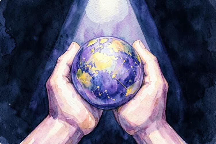 Close-up de duas mãos segurando um pequeno globo terrestre com constelações visíveis, sobre um fundo escuro e texturizado.