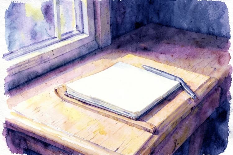 Uma pessoa sentada em frente a um notebook aberto, com um caderno e uma caneta ao lado, em uma mesa de madeira clara com luz natural entrando pela janela.