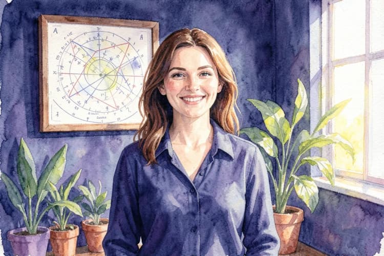 Uma astróloga sorridente, Clarissa Cavalcanti, em seu consultório, com um mapa astral emoldurado na parede e plantas ao fundo.
