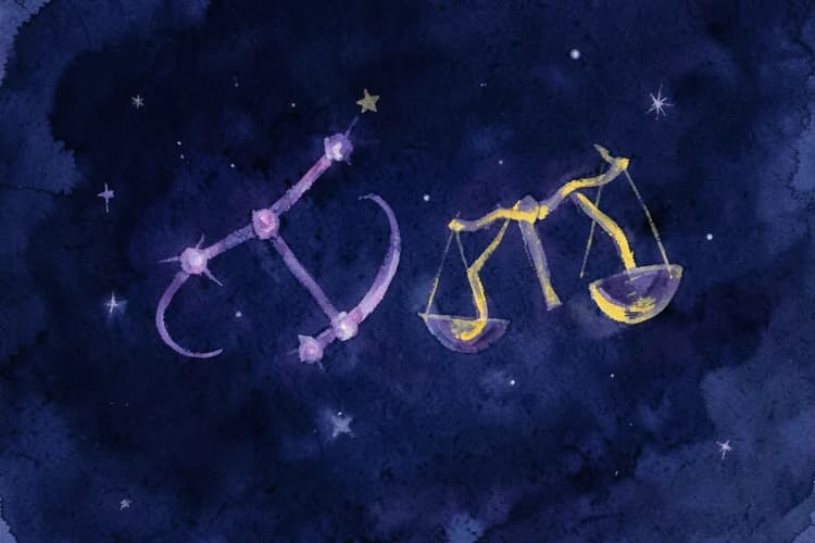 Ilustração de dois signos do zodíaco se entrelaçando, representando a compatibilidade astrológica.