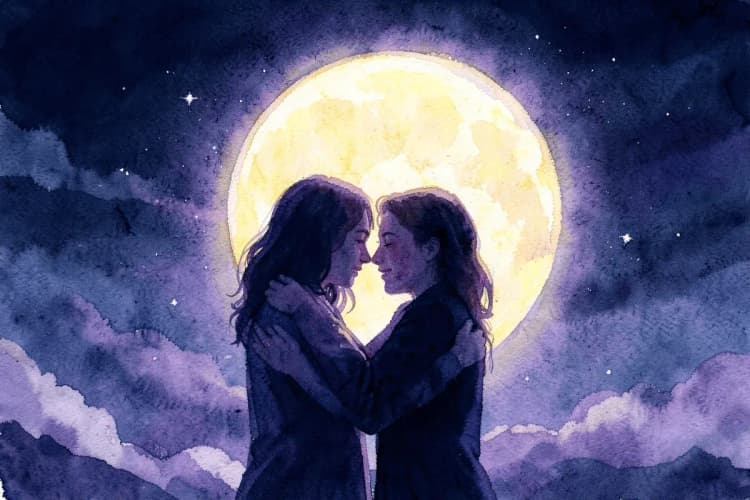 Um casal de signos compatíveis se abraçando com paixão sob a luz da lua.