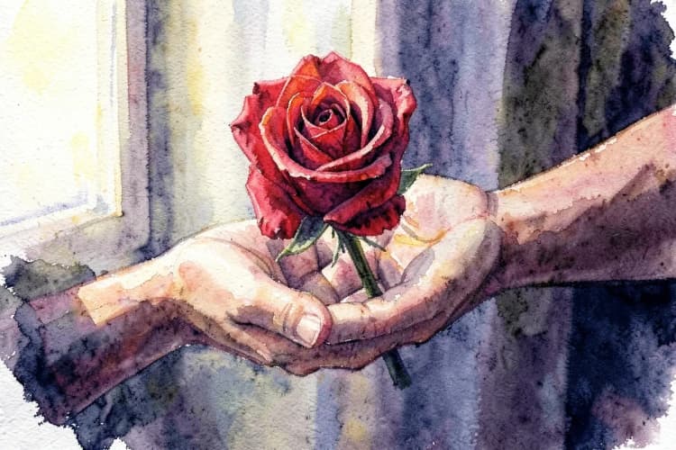Uma mão oferecendo uma flor a outra mão, simbolizando a construção de harmonia.