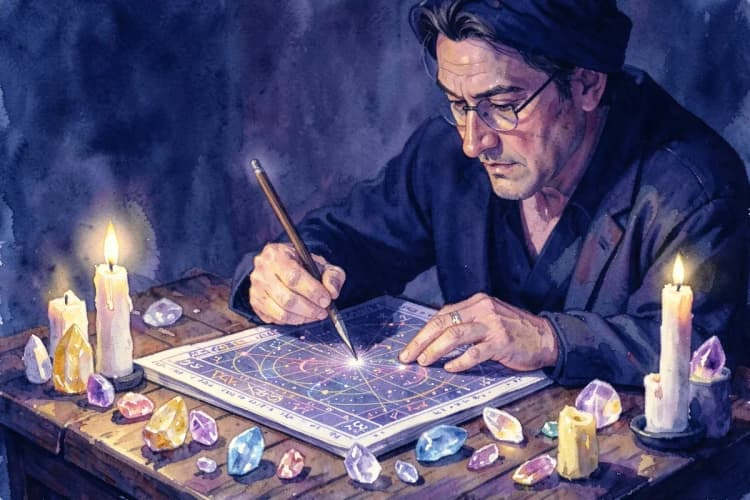 Uma astróloga observando um mapa astral em uma mesa com cristais e velas.