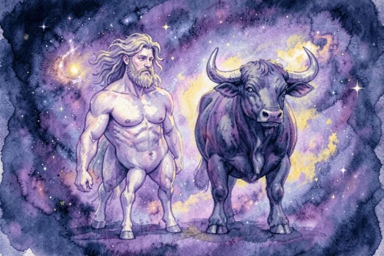 Dois signos do zodíaco, Sagitário (centauro) e Touro (touro), lado a lado em um fundo cósmico.