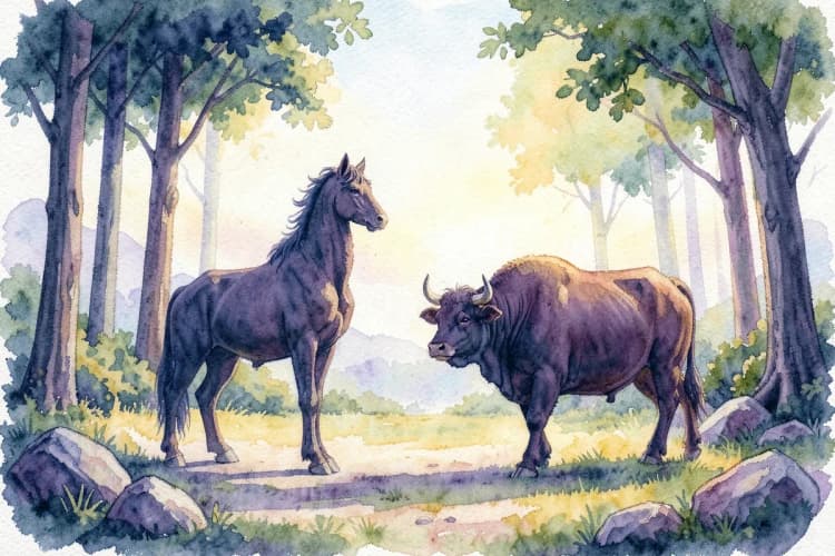 Um centauro e um touro interagindo em um ambiente natural.