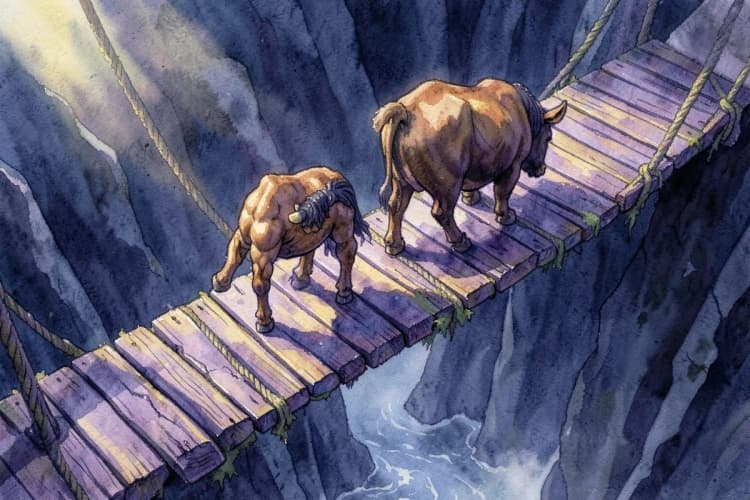 Um centauro e um touro tentando se equilibrar em uma ponte estreita sobre um abismo.