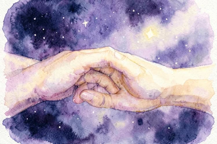 Duas mãos se tocando suavemente, com um fundo desfocado de um céu estrelado