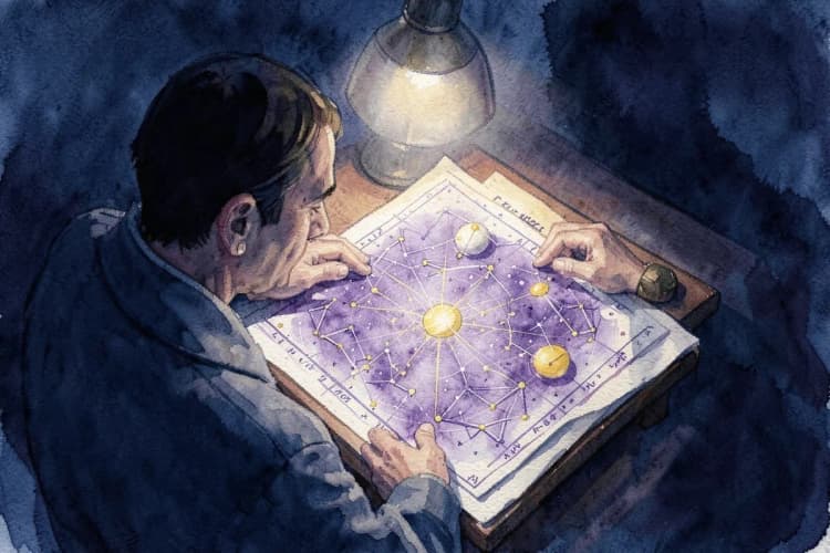 Um astrólogo olhando para um mapa astral complexo com planetas e constelações