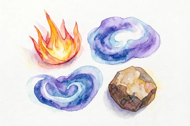 Uma representação visual dos quatro elementos: fogo, água, ar e terra, em formas abstratas e coloridas