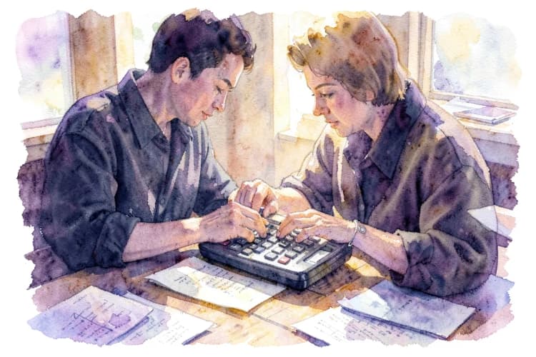 Uma pessoa calculando em uma calculadora antiga com papéis espalhados ao redor