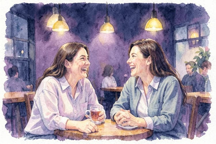Um casal conversando e rindo em um café aconchegante