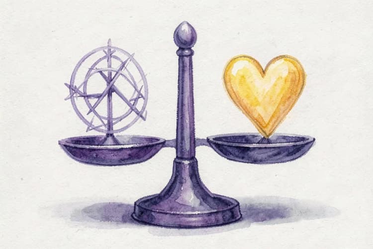 Uma balança em equilíbrio com um símbolo de astrologia de um lado e um coração do outro