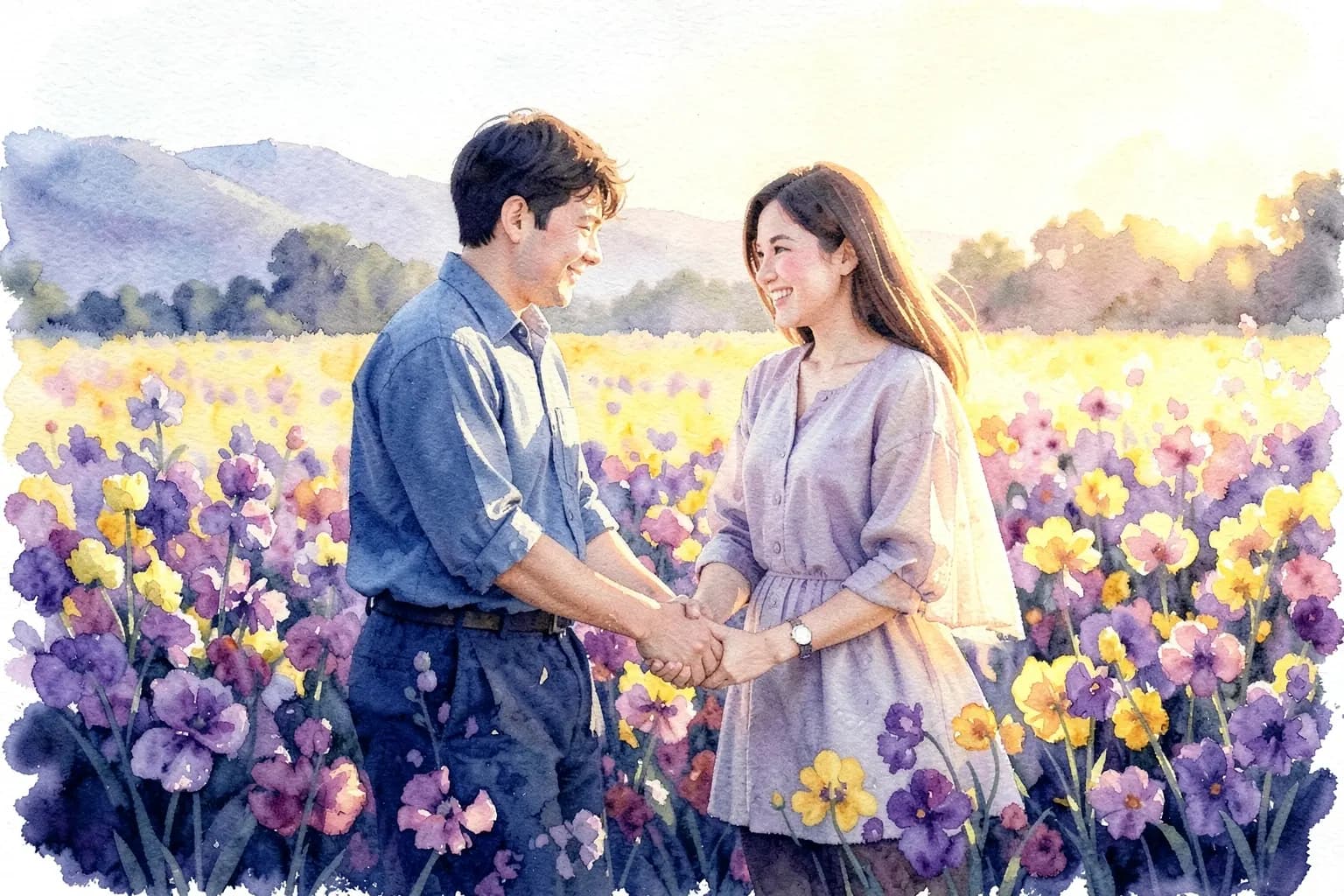 Um casal jovem sorrindo e de mãos dadas em um campo florido ao pôr do sol
