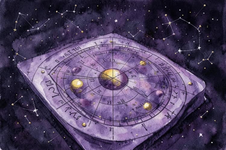 Gráfico de mapa astral com planetas, signos e casas astrológicas sobre um fundo escuro e estrelado.