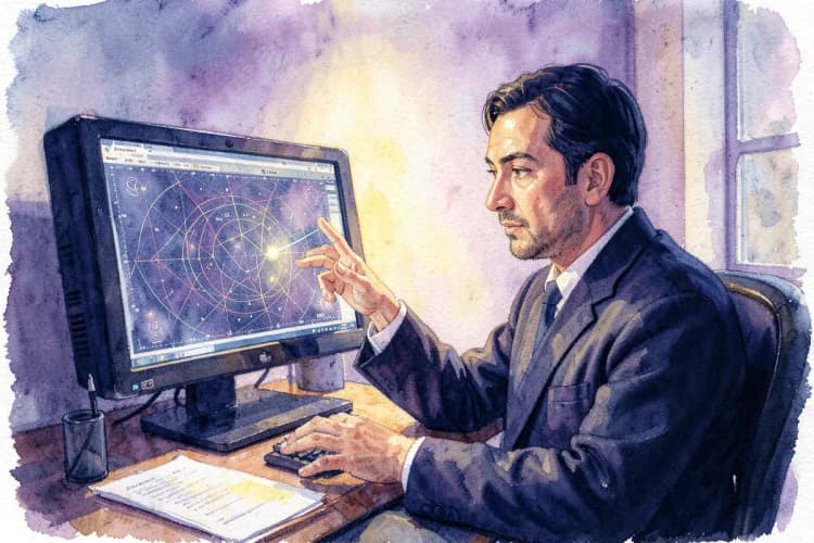 Astróloga com expressão concentrada, gesticulando em direção a um gráfico de mapa astral em um computador.