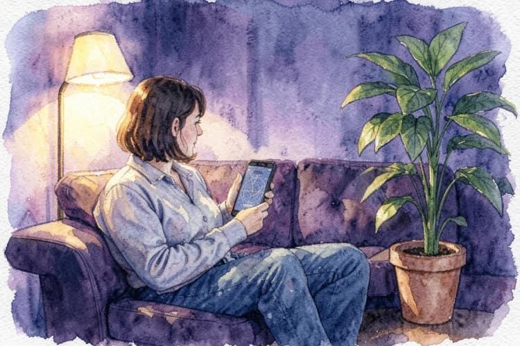 Pessoa relaxada em um sofá, segurando um celular que exibe um mapa astral, com uma planta ao lado.