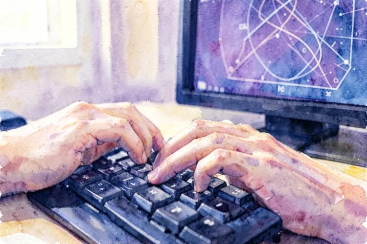 Close-up de mãos digitando em um teclado de computador, com um gráfico de mapa astral visível na tela ao fundo.
