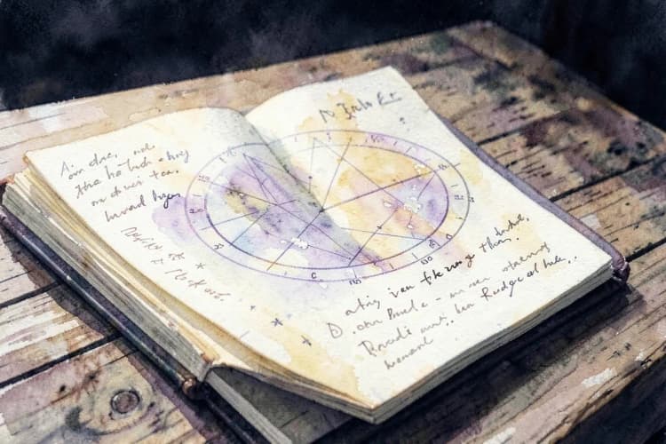 Um livro aberto com um gráfico de mapa astral e anotações ao lado, sobre uma mesa de madeira.