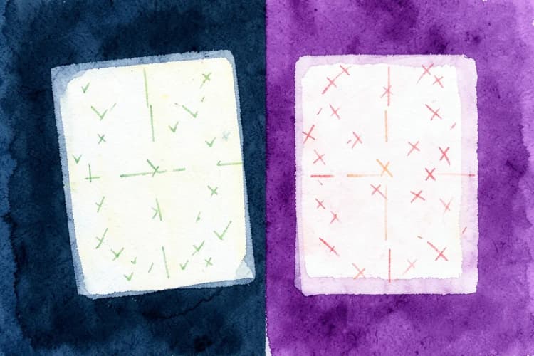 Comparação visual de dois gráficos de mapa astral, um com ícones de "check" e outro com ícones de "X", sobre fundos contrastantes.