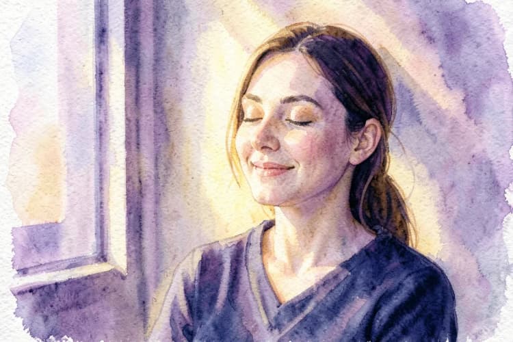 Mulher com os olhos fechados e um sorriso sereno, sentada em frente a uma janela com luz solar suave, com um leve brilho dourado ao redor.
