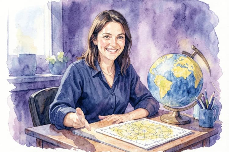 Astróloga sorridente, apontando para um globo terrestre e um gráfico de mapa astral em uma mesa de escritório.