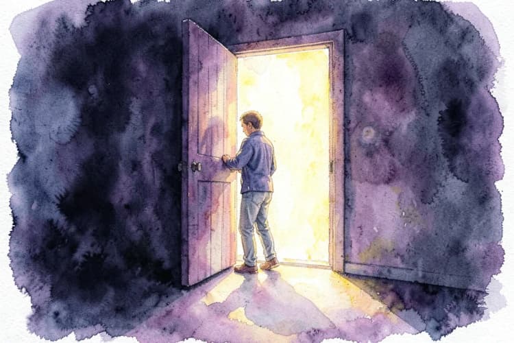 Uma pessoa abrindo uma porta lentamente, revelando um caminho iluminado, simbolizando a superação da resistência.