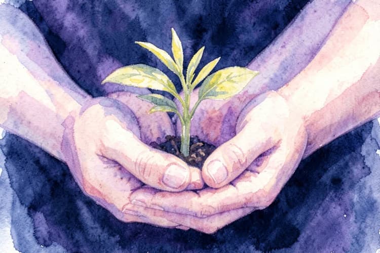 Mãos segurando uma planta crescendo, representando o cuidado e o crescimento na cura emocional.