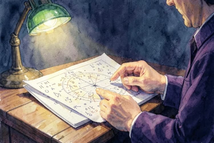 Uma astróloga examinando um mapa astral com foco e concentração.