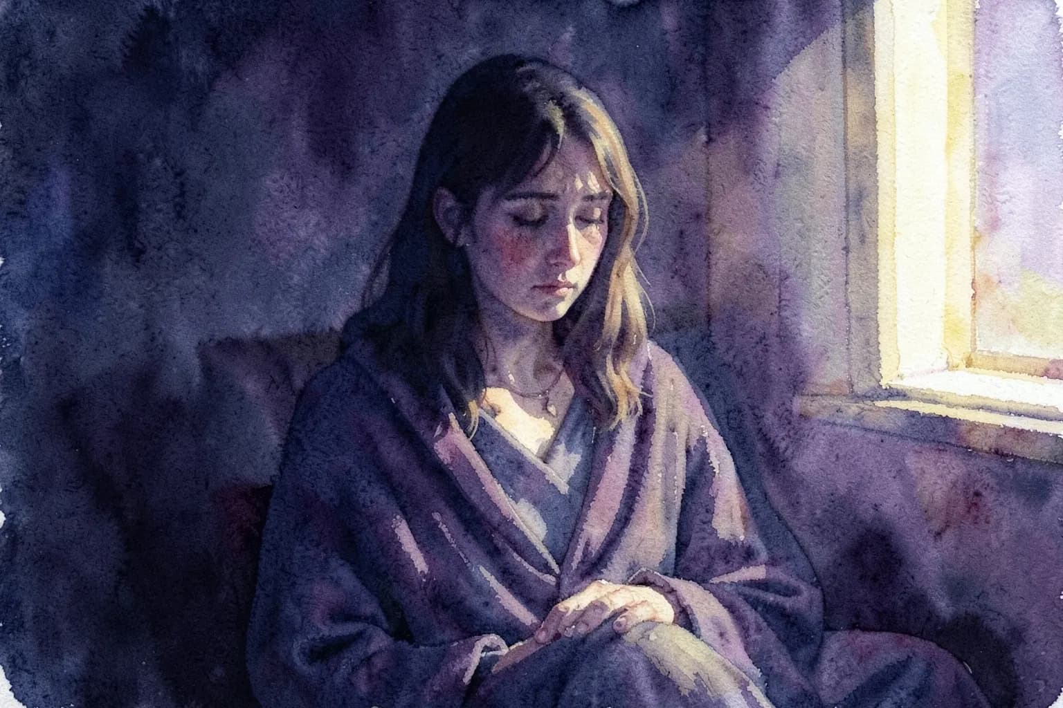 Uma mulher com olhar triste e pensativo, sentada em um quarto escuro com pouca luz vindo de uma janela.