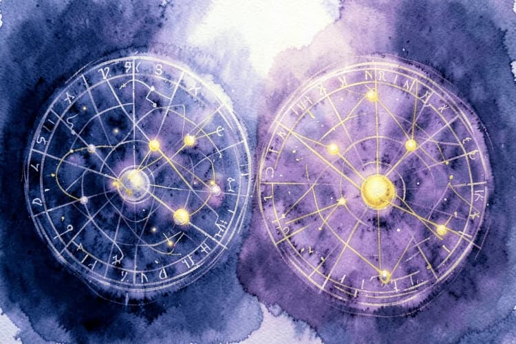 Dois mapas astrais sobrepostos com linhas conectando planetas e signos.