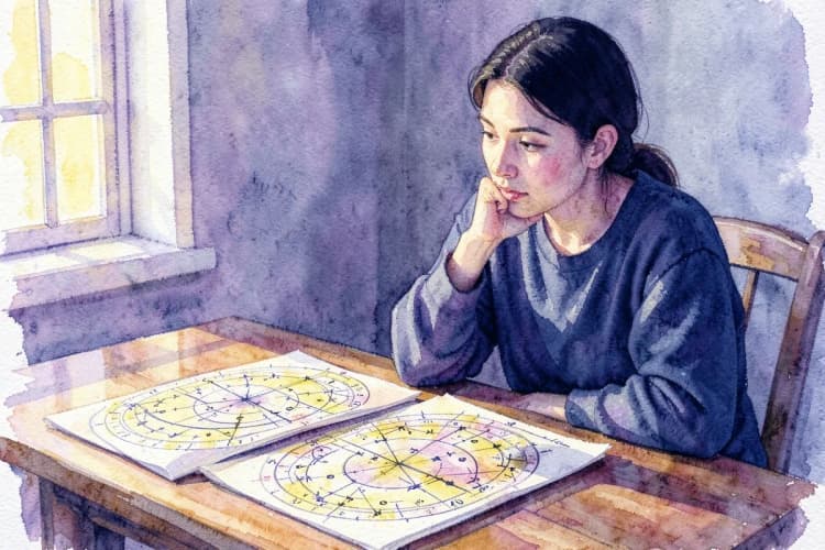 Uma pessoa observando dois círculos representando mapas astrais, com setas indicando interações.