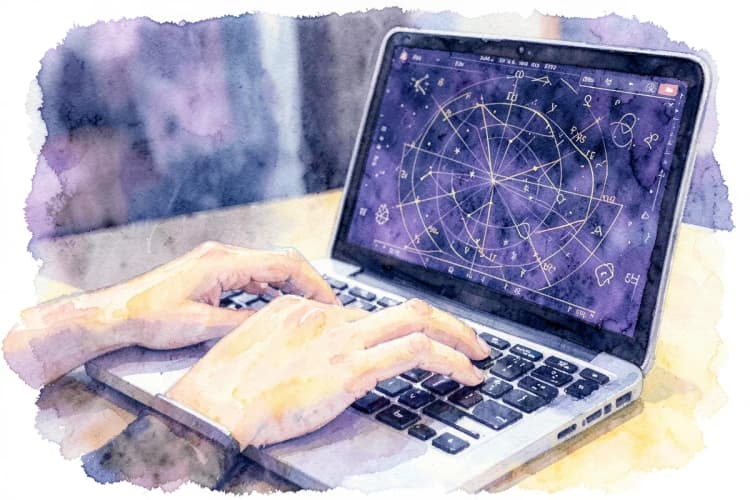 Uma pessoa digitando em um laptop com um gráfico de mapa astral na tela.