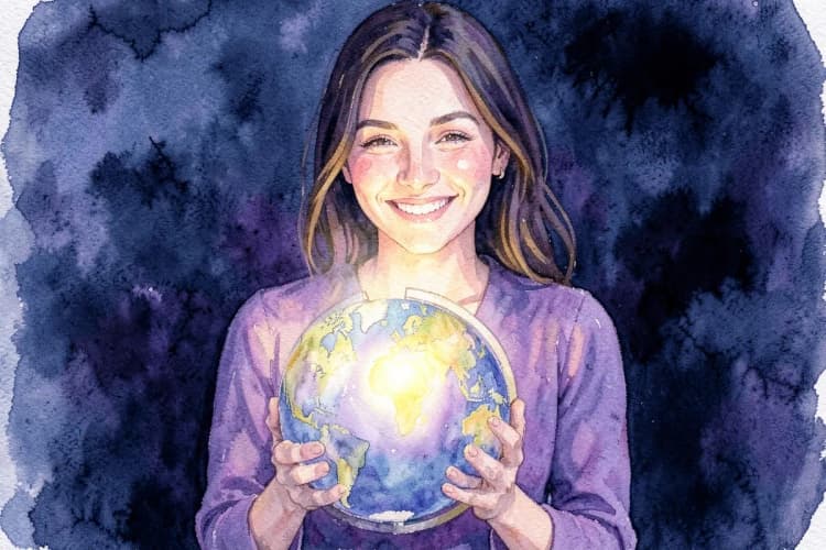 Uma mulher sorrindo enquanto segura um globo terrestre com um coração brilhante no centro.