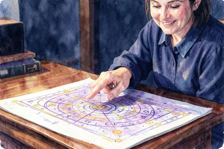 Uma astróloga sorrindo e apontando para um mapa astral em uma mesa.