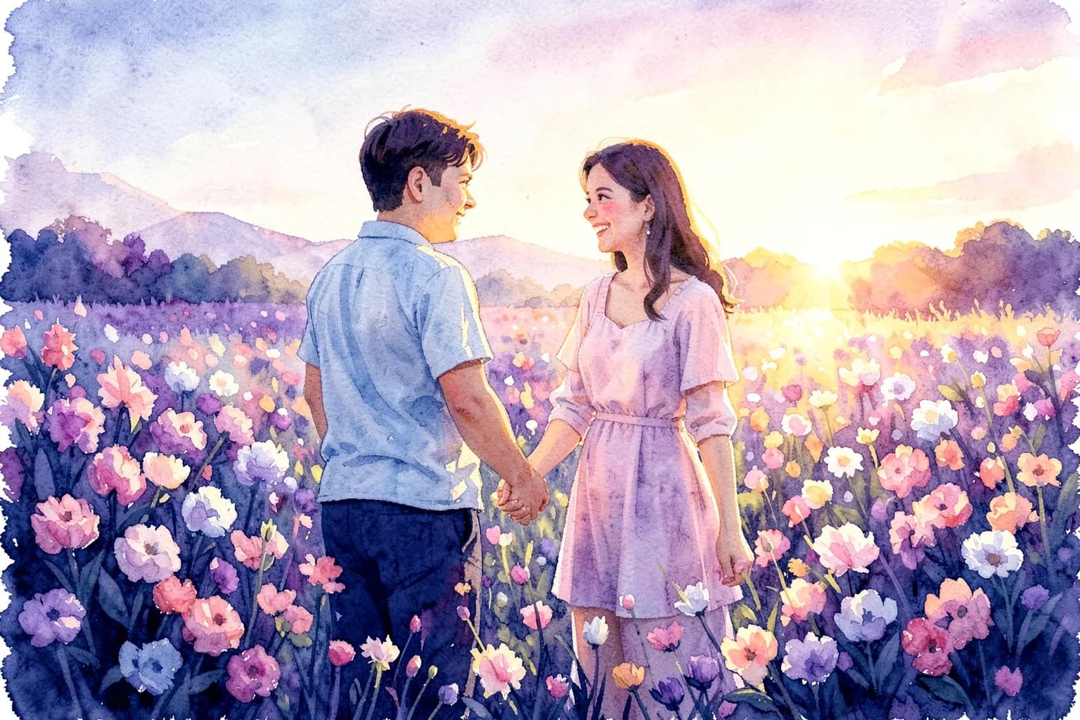 Um casal jovem sorrindo e de mãos dadas em um campo florido ao pôr do sol.