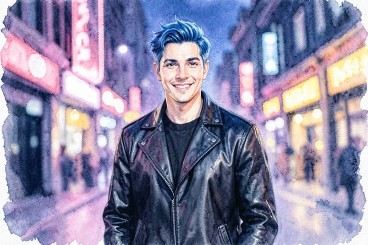 Um homem com cabelo azul vibrante, vestindo uma jaqueta de couro preta, olha para a câmera com um sorriso confiante, com um fundo desfocado de luzes de neon coloridas.