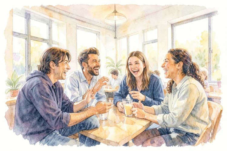 Um grupo de cinco amigos diversos, rindo e conversando animadamente em um café moderno com luz natural abundante.